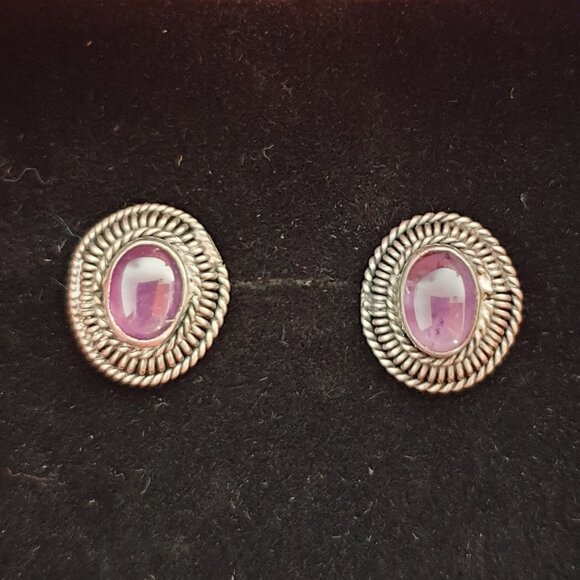 Vintage Natural Amethyst Cabochon 925 Silver Stud Earrings – Handcrafted - Picture 12 of 14